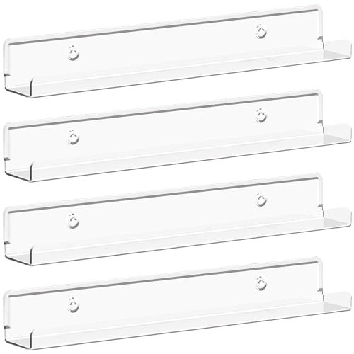 Lifewit Floating Shelves for Vinyl Record, 4 Pack 12" Clear Acrylic Wall Shelf Room Decor for Book/Photo/Picture/Makeup Display in Bedroom, Living Room, Bathroom Storage and Organization - Image 1