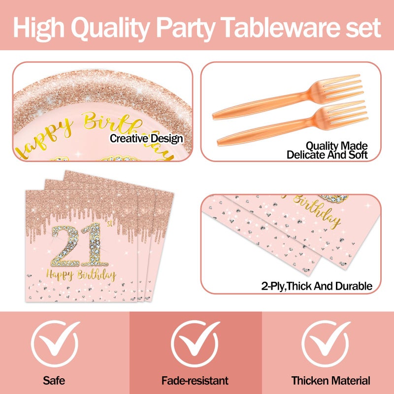 KFJBPB 60 PCS 21st Birthday Decorations for Women, 21st Birthday Plates and Napkins Rose Gold Disposable Tableware Set Party Supplies for Women Girl Cheers to 21 Years Anniversary (21ST) - Image 2