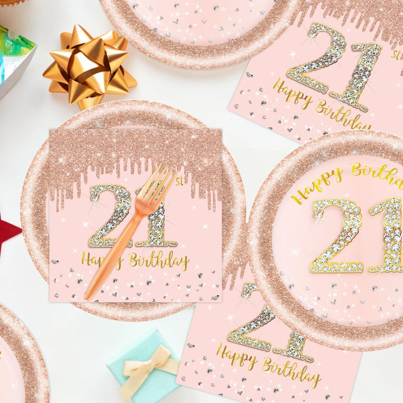 KFJBPB 60 PCS 21st Birthday Decorations for Women, 21st Birthday Plates and Napkins Rose Gold Disposable Tableware Set Party Supplies for Women Girl Cheers to 21 Years Anniversary (21ST) - Image 3