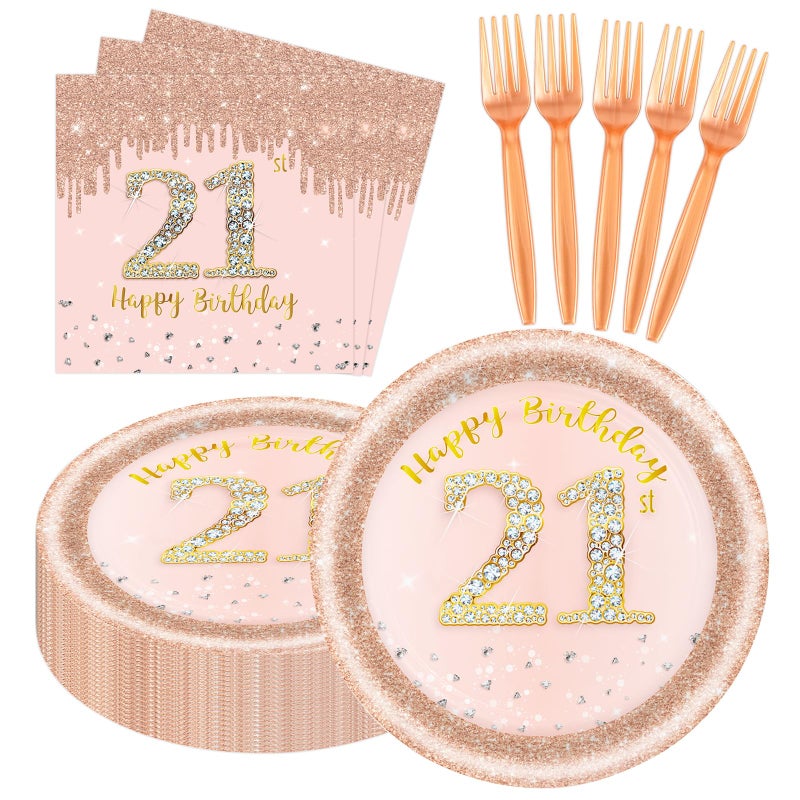 KFJBPB 60 PCS 21st Birthday Decorations for Women, 21st Birthday Plates and Napkins Rose Gold Disposable Tableware Set Party Supplies for Women Girl Cheers to 21 Years Anniversary (21ST) - Image 1