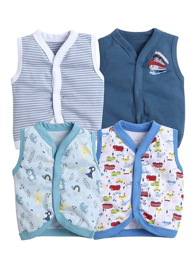 TiniBerry Baby Boy's & Baby Girl's T-Shirt Baby Baby Cotton Front Open Sleeveless Vest Tees Jhabala (Pack of 4) (0-3 Months, Blue) - Image 1