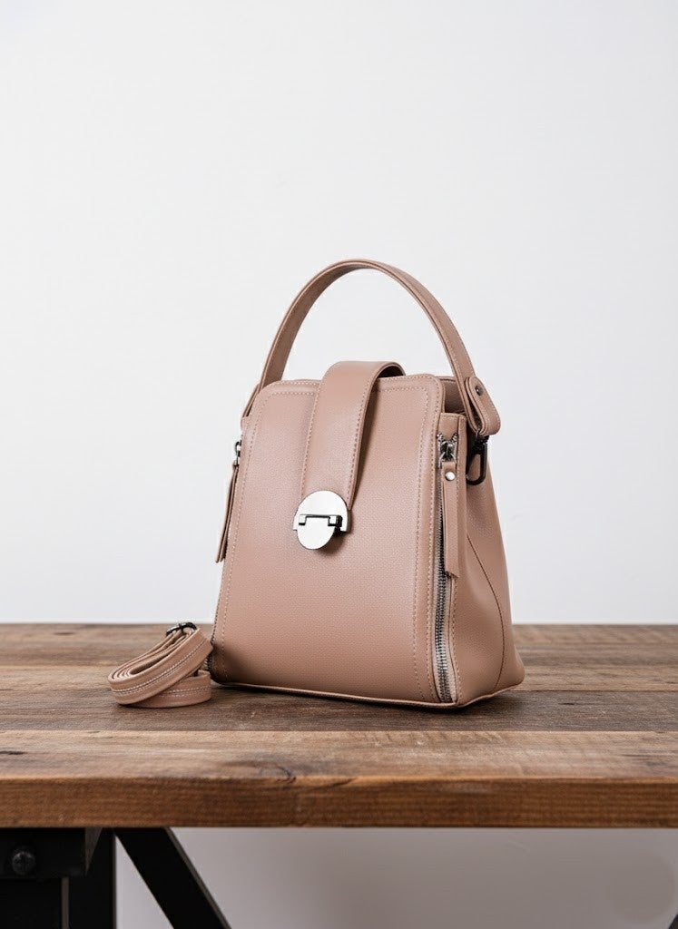 Elegant Nude Beige Women's Handbag with Luxury Metallic Lock - Image 2