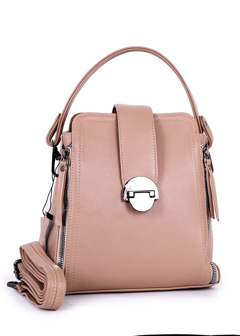 Elegant Nude Beige Women's Handbag with Luxury Metallic Lock - Image 1