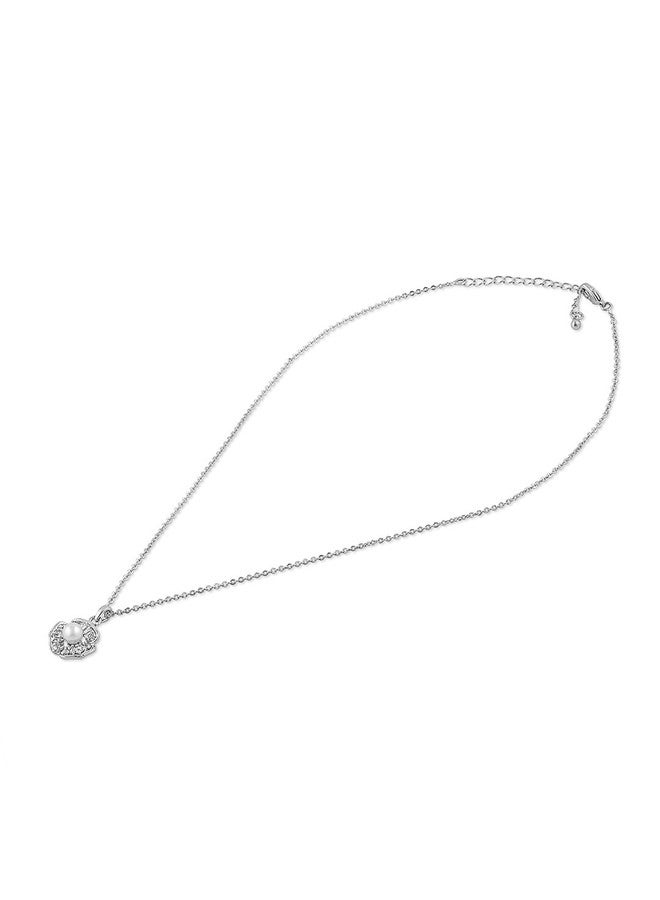 Ami Silver Pearl Flower Contemporary Cubic Zirconia Embellished Pendant and Chain For Women-ZPFK20443 - Image 4
