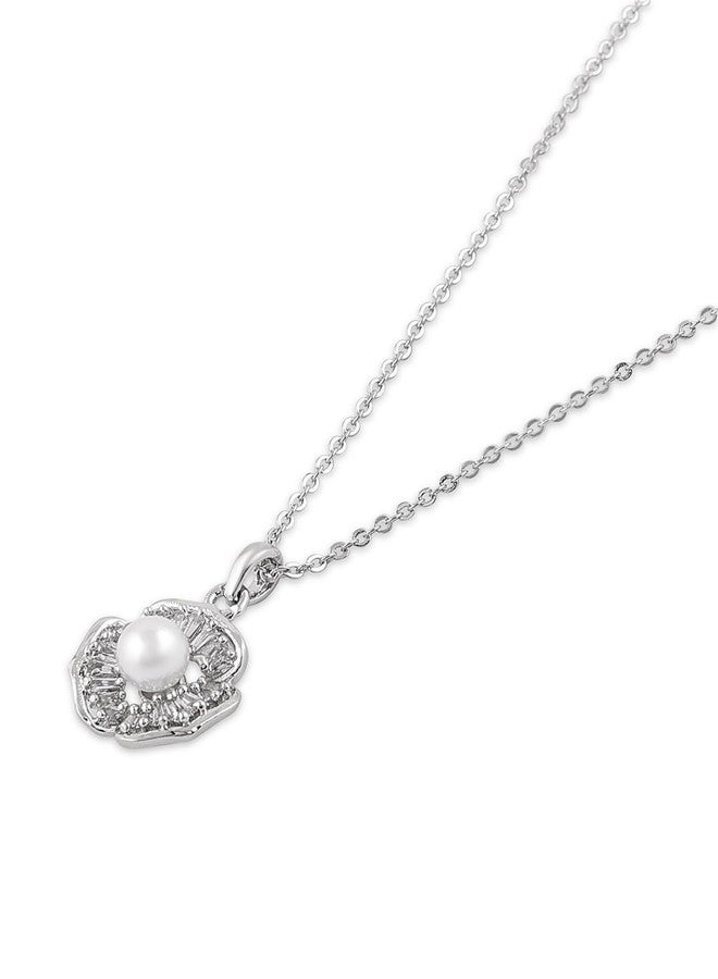 Ami Silver Pearl Flower Contemporary Cubic Zirconia Embellished Pendant and Chain For Women-ZPFK20443 - Image 5