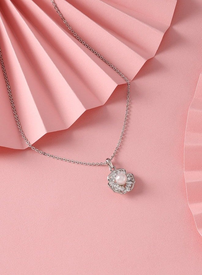 Ami Silver Pearl Flower Contemporary Cubic Zirconia Embellished Pendant and Chain For Women-ZPFK20443 - Image 2