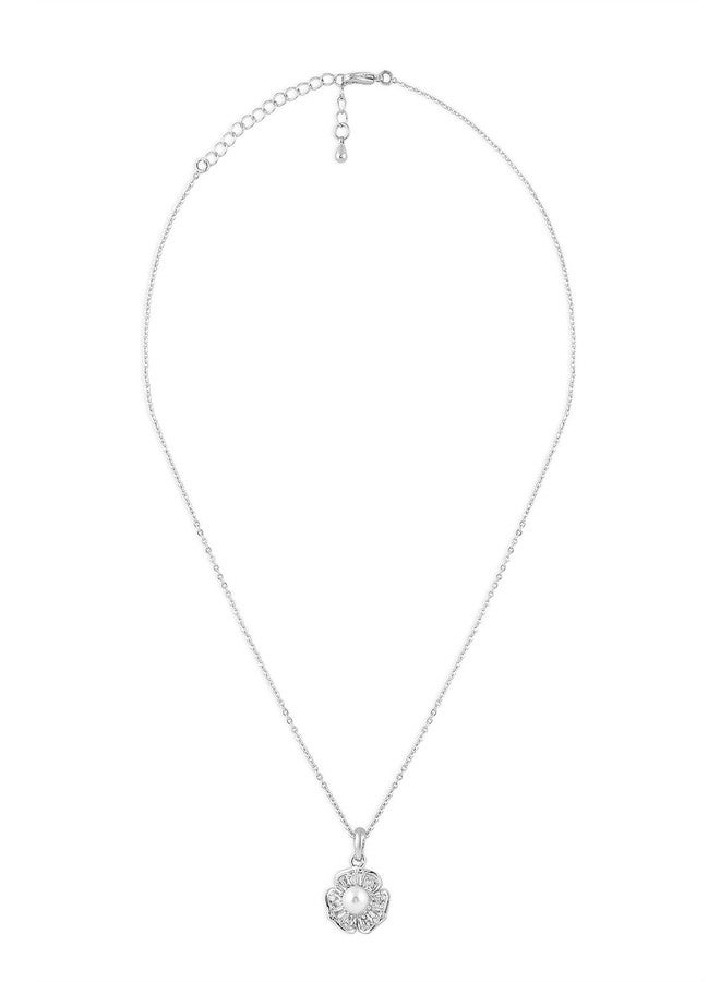 Ami Silver Pearl Flower Contemporary Cubic Zirconia Embellished Pendant and Chain For Women-ZPFK20443 - Image 1