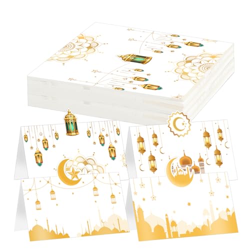 Auch Eid Place Cards - 40pcs Eid Mubarak Table Tent Cards Set Folded Ramadan Name Card for Eid Al-Fitr & Eid Al-Adha Dinner, Iftar Party Table Decorations, Buffet & Food Labelsr 4 Designs (White) - Image 5