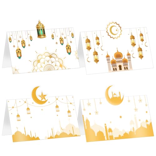Auch Eid Place Cards - 40pcs Eid Mubarak Table Tent Cards Set Folded Ramadan Name Card for Eid Al-Fitr & Eid Al-Adha Dinner, Iftar Party Table Decorations, Buffet & Food Labelsr 4 Designs (White) - Image 1
