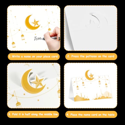 Auch Eid Place Cards - 40pcs Eid Mubarak Table Tent Cards Set Folded Ramadan Name Card for Eid Al-Fitr & Eid Al-Adha Dinner, Iftar Party Table Decorations, Buffet & Food Labelsr 4 Designs (White) - Image 3