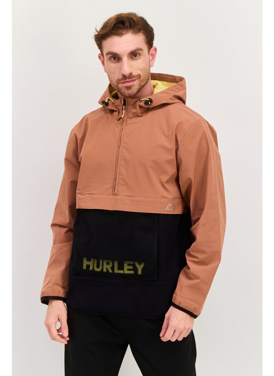 Hurley - Men Hooded Brand Logo Windbreaker Jacket, Brown - Image 1