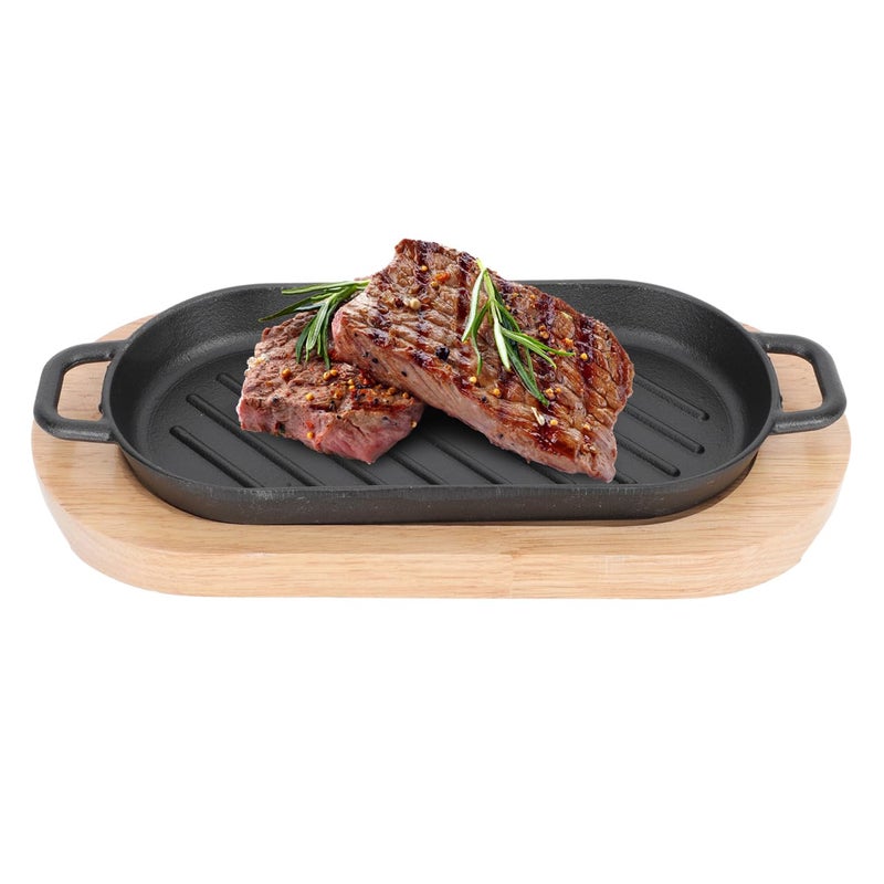SIZZLING PLATE WITH WOODEN BASE Cast Iron Steak Platter Pre Seasoned Cast Iron Fajita Pan Sizzling Fajita Pan Japanese Steak Plate with Wood Base for Restaurant