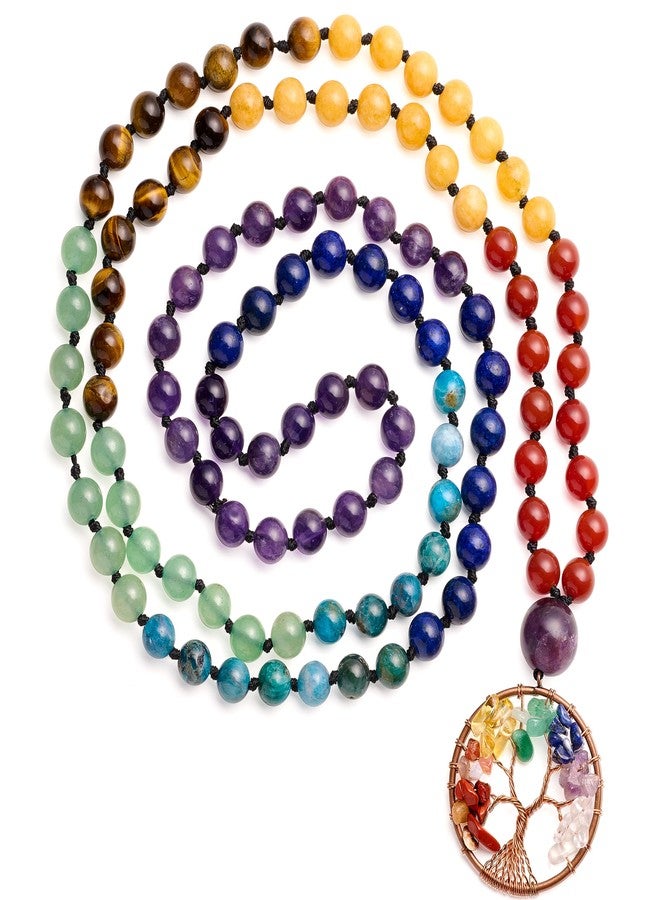 Bivei 108 Mala Beads Necklace Life Tree Charm Real 7 Chakra Gemstone Long Beaded Necklace Prayer Yoga Meditation Hand Knotted Wrap Bracelet(Chakras 6mm) - Image 1
