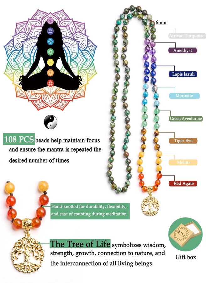 Bivei 108 Mala Beads Necklace Life Tree Charm Real 7 Chakra Gemstone Long Beaded Necklace Prayer Yoga Meditation Hand Knotted Wrap Bracelet(Chakras 6mm) - Image 4