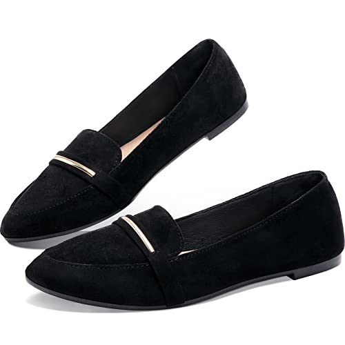 Obtaom Women's Pointy Toe Loafer Flat Comfortable Faux Suede Work Shoes,Cute Penny Loafer Slip On Ballet Flat(Black US6) - Image 1