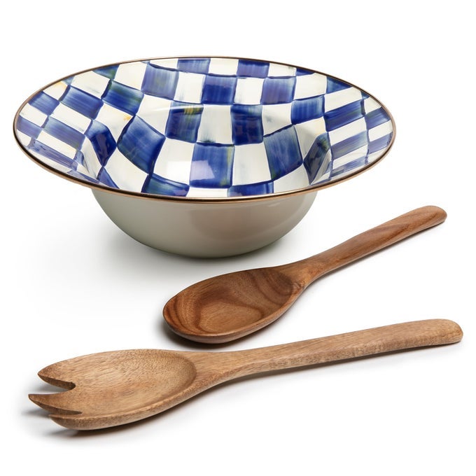 MACKENZIECHILDS ENAMEL SALAD SERVING SET ENAMEL BOWL AND WOODEN SALAD SERVERS DECORATIVE KITCHEN SET BLUEANDWHITE ROYAL CHECK