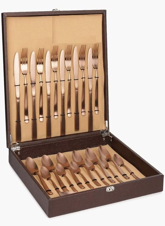 FnS Amber Copper Finish Stainless Steel Cutlery Set with Leatherette Box, 6 Dinner Spoons, 6 Dinner Forks, 6 Teaspoons, 6 Dinner Knives, Elegant Copper Finish, Ideal for Dining - Image 1