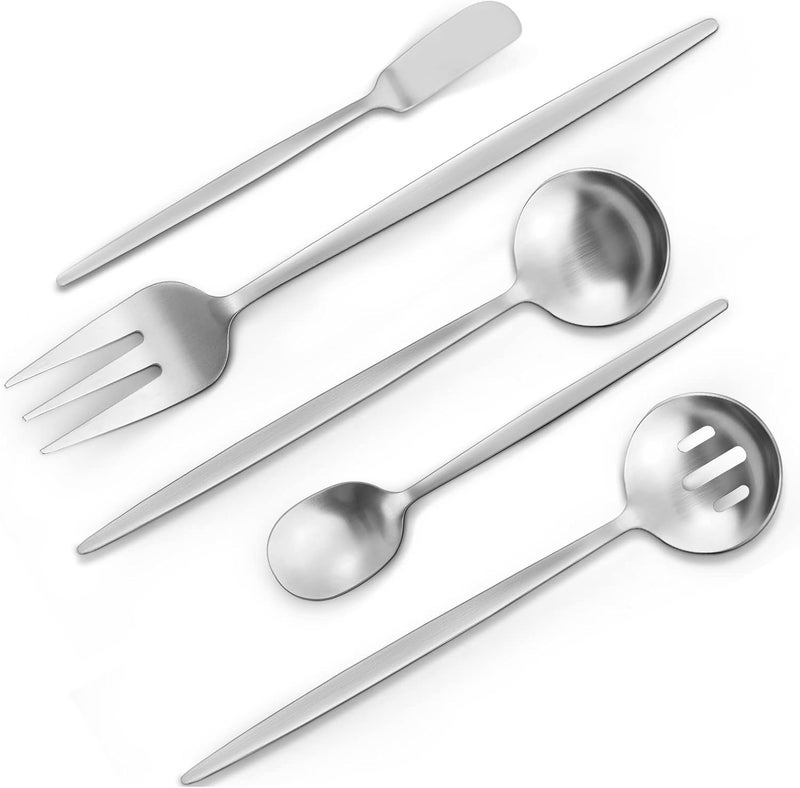 VANVRO Matte Serving Silverware Set 5Piece Round Shared Utensils Set of Stainless Steel Hostess Flatware Serving Set Satin Finish Dishwasher Safe - Image 1