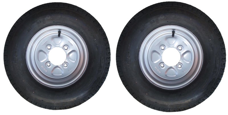 Generic A pair of 500 x 10 inch trailer wheels & tyres with 4 ply tyres & 115mm PCD. 5.00 x 10 Fits these trailers Erde 142/3 & Daxara 147/8 Pt no. LMX1603 PLEASE DO NOT BUY UNTIL YOU HAVE CHECKED YOUR PCD 