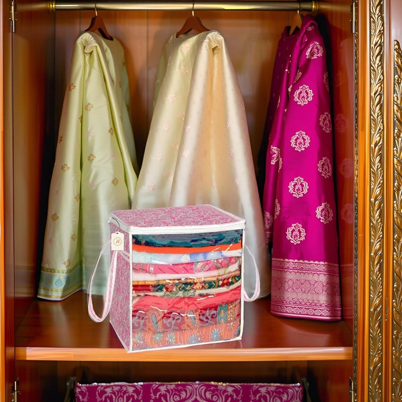 SHAPING FABRIC Pink Floral Fabric Saree Storage Bag with Transparent Front & Zipper Closure - Image 1