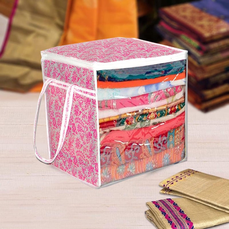 SHAPING FABRIC Pink Floral Fabric Saree Storage Bag with Transparent Front & Zipper Closure - Image 5