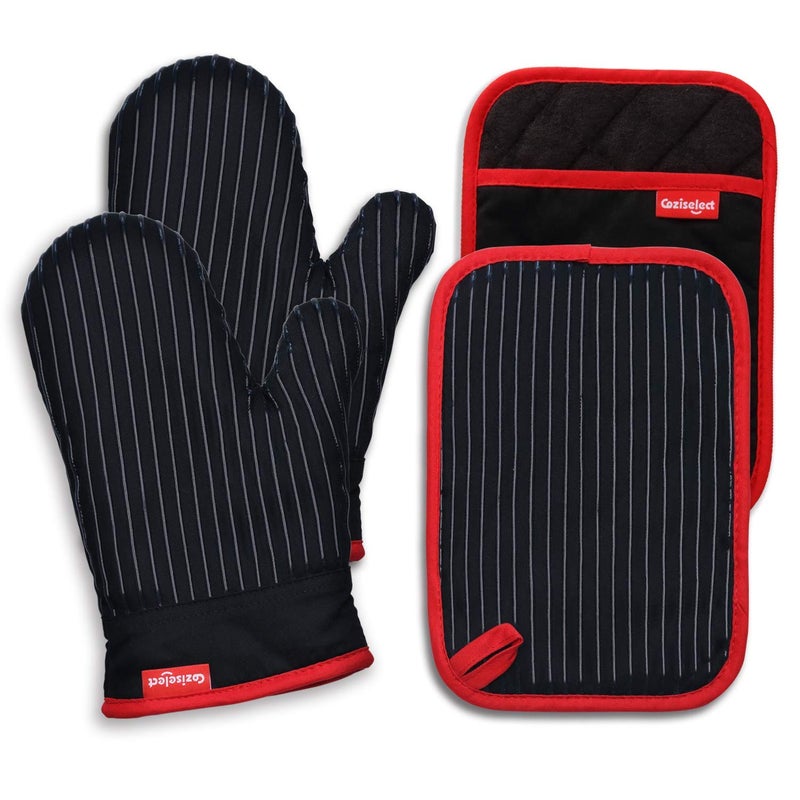 Coziselect Oven Mitts and Pot Holders Set Cooking Mitts Heat Resistant Cooking Mitts and Pot Holders Silicon Oven Gloves Set for Kitchen Pure Cotton and Terrycloth Lining Black 4 Pcs Set