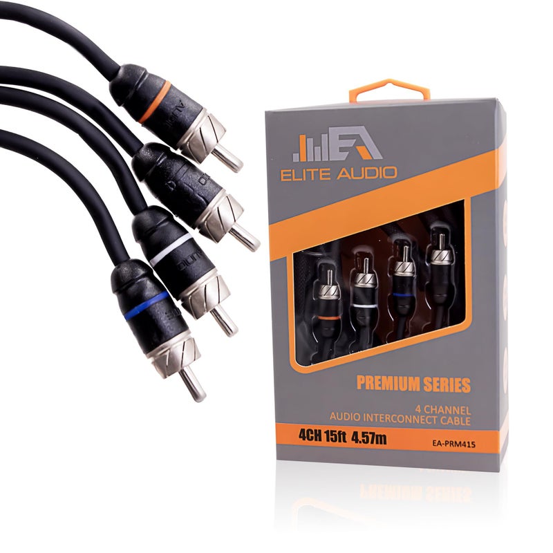 Elite Audio Premium Series 15ft 4Channel Car Audio RCA Cable Double Shielded Oxygen Free Copper Noise Reducing Audio Cable for Amplifiers Subwoofers Speakers and Processors PRM415