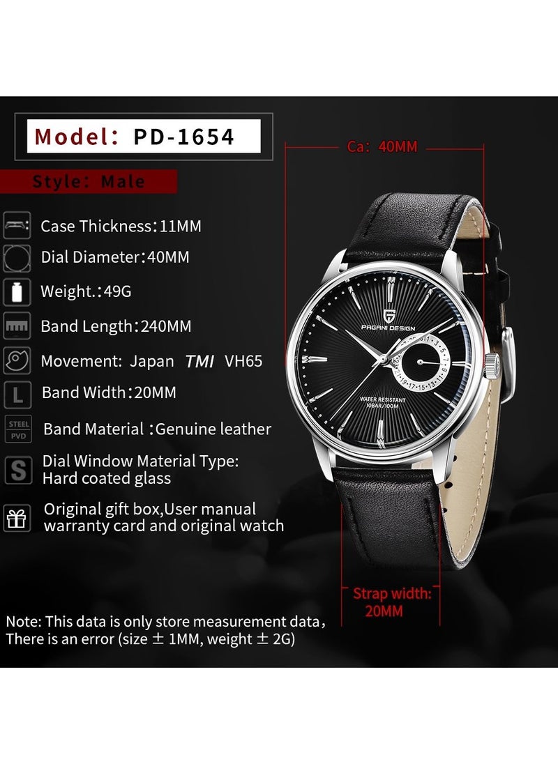 Mens Watch Waterproof Chronograph Date Watch for Men Leather Strap Quartz Movement Analog Watch Business Casual Gift for Men 1654