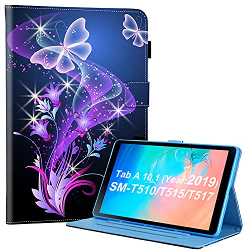 Dteck for Galaxy Tab A 10.1" Cute Tablet Case 2019 Release with Stylus, Adjustable Viewing Angle Stand, PU Leather Protective Folio Cartoon Cover for Samsung SM-T510/SM-T515/SM-T517, Purple Butterfly - Image 1