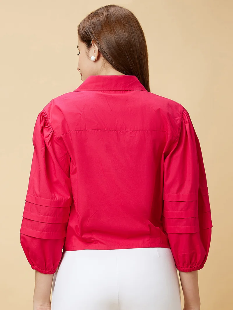 globus Women Pink Shirt Collar Puff Sleeves Pure Cotton Shirt Style Top