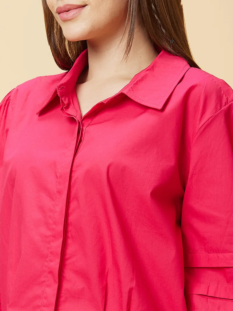 globus Women Pink Shirt Collar Puff Sleeves Pure Cotton Shirt Style Top
