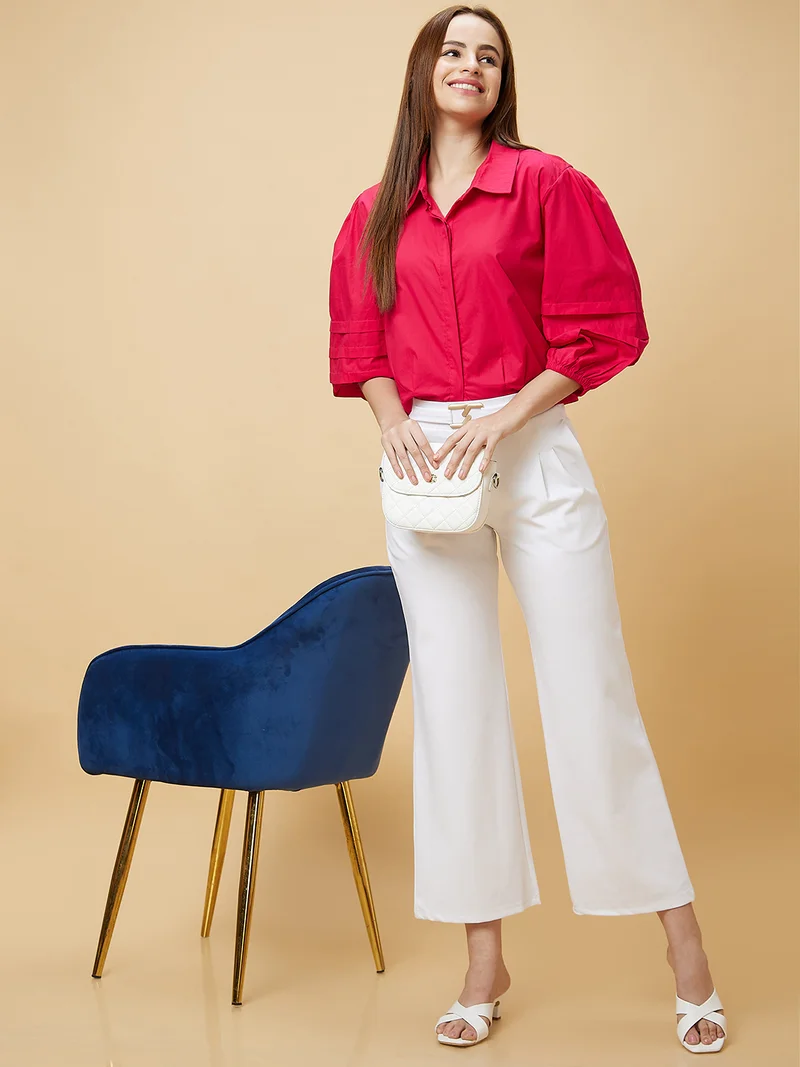 globus Women Pink Shirt Collar Puff Sleeves Pure Cotton Shirt Style Top