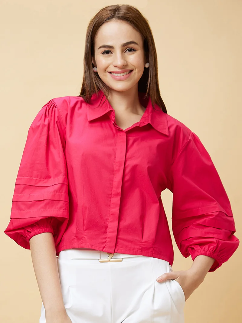 globus Women Pink Shirt Collar Puff Sleeves Pure Cotton Shirt Style Top