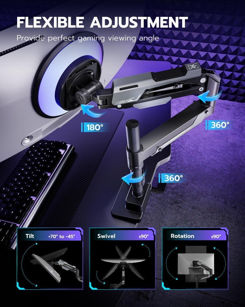 ARES WING CoreArm Single Monitor Mount, Ultrawide Monitor Arm for 24 to 57'' Heavy Duty Curved Screen, Adjustable Gas Spring Monitors Arm Stand up to 66LBS with 75/100/200 Vesa Mount, Black - Image 5