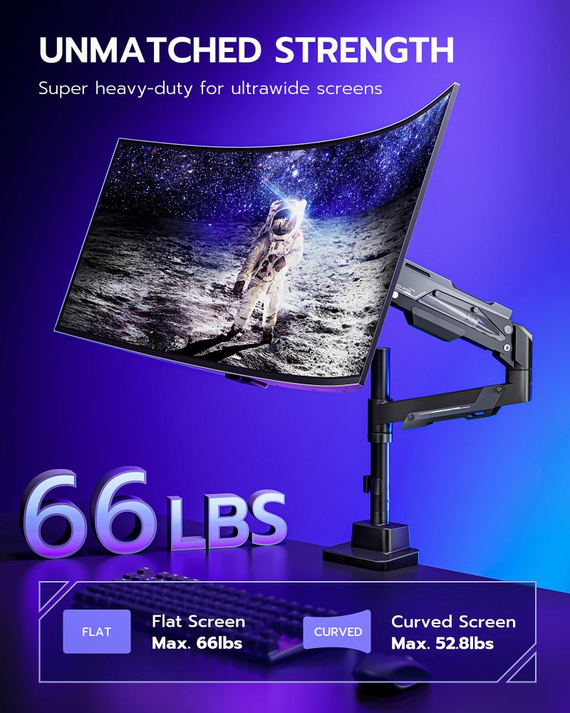 ARES WING CoreArm Single Monitor Mount, Ultrawide Monitor Arm for 24 to 57'' Heavy Duty Curved Screen, Adjustable Gas Spring Monitors Arm Stand up to 66LBS with 75/100/200 Vesa Mount, Black - Image 2