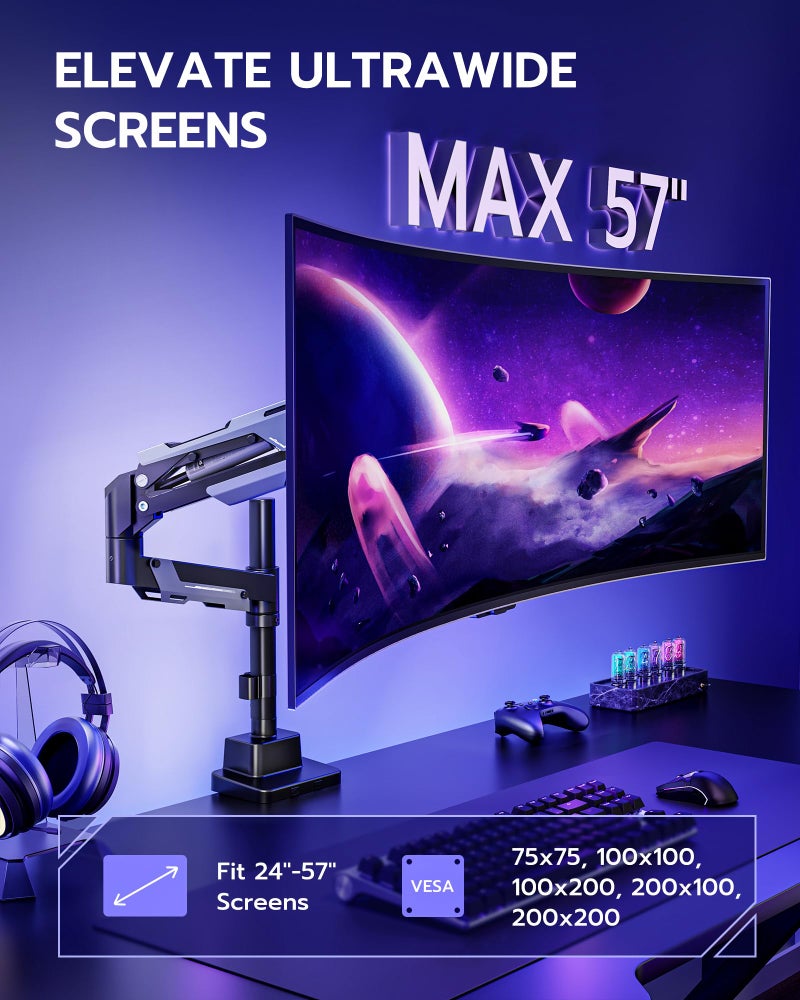 ARES WING CoreArm Single Monitor Mount, Ultrawide Monitor Arm for 24 to 57'' Heavy Duty Curved Screen, Adjustable Gas Spring Monitors Arm Stand up to 66LBS with 75/100/200 Vesa Mount, Black - Image 3