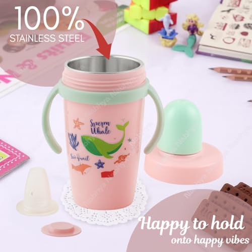 Nabhya Hot & Cold Insulated Stainless Steel Double Walled 360ml BPA-Free Sippy Cup Anti-Spill Soft Silicone Spout Baby Sipper & Easy Grip Handles with Cute Cartoon Design for Kids (Pink) - Image 4