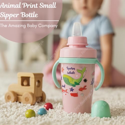 Nabhya Hot & Cold Insulated Stainless Steel Double Walled 360ml BPA-Free Sippy Cup Anti-Spill Soft Silicone Spout Baby Sipper & Easy Grip Handles with Cute Cartoon Design for Kids (Pink) - Image 3