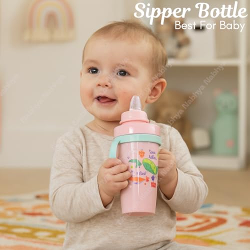 Nabhya Hot & Cold Insulated Stainless Steel Double Walled 360ml BPA-Free Sippy Cup Anti-Spill Soft Silicone Spout Baby Sipper & Easy Grip Handles with Cute Cartoon Design for Kids (Pink) - Image 2