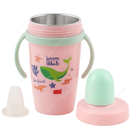 Nabhya Hot & Cold Insulated Stainless Steel Double Walled 360ml BPA-Free Sippy Cup Anti-Spill Soft Silicone Spout Baby Sipper & Easy Grip Handles with Cute Cartoon Design for Kids (Pink) - Image 1