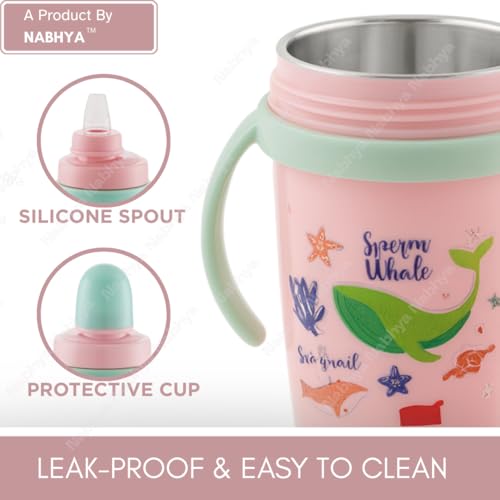 Nabhya Hot & Cold Insulated Stainless Steel Double Walled 360ml BPA-Free Sippy Cup Anti-Spill Soft Silicone Spout Baby Sipper & Easy Grip Handles with Cute Cartoon Design for Kids (Pink) - Image 5