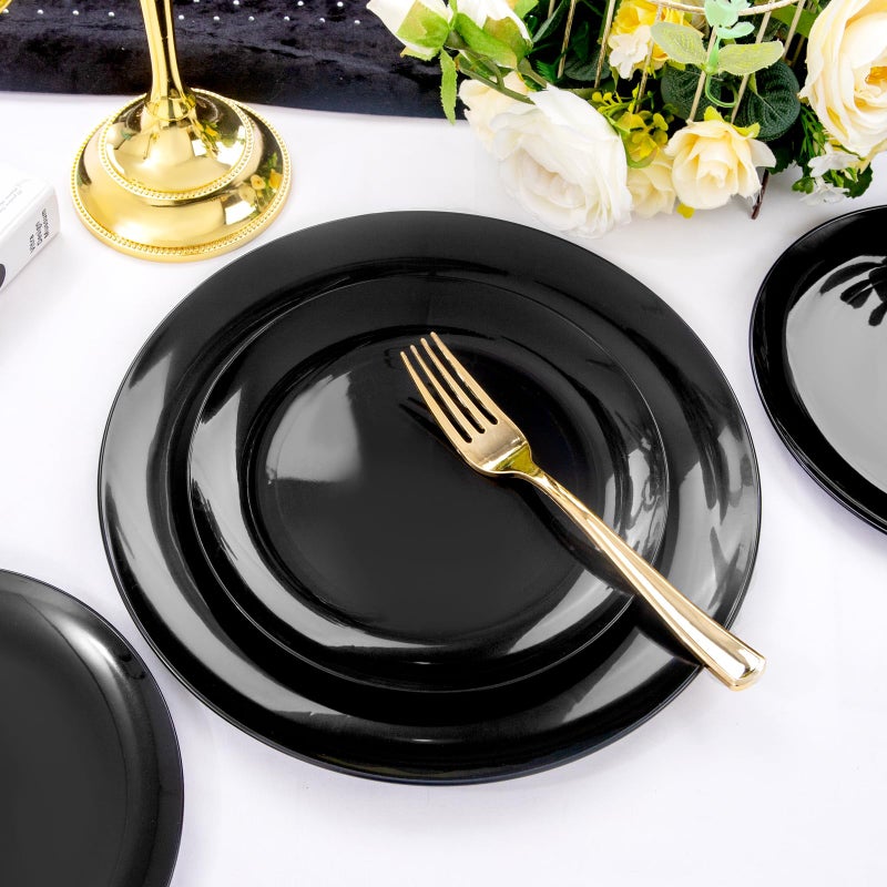 PULOTE 100PCS Black Plastic Plates Disposable - Premium Heavy Duty 50 Black Dinner, 50 Dessert/Salad Plates - Ideal for Party, Halloween - Image 5