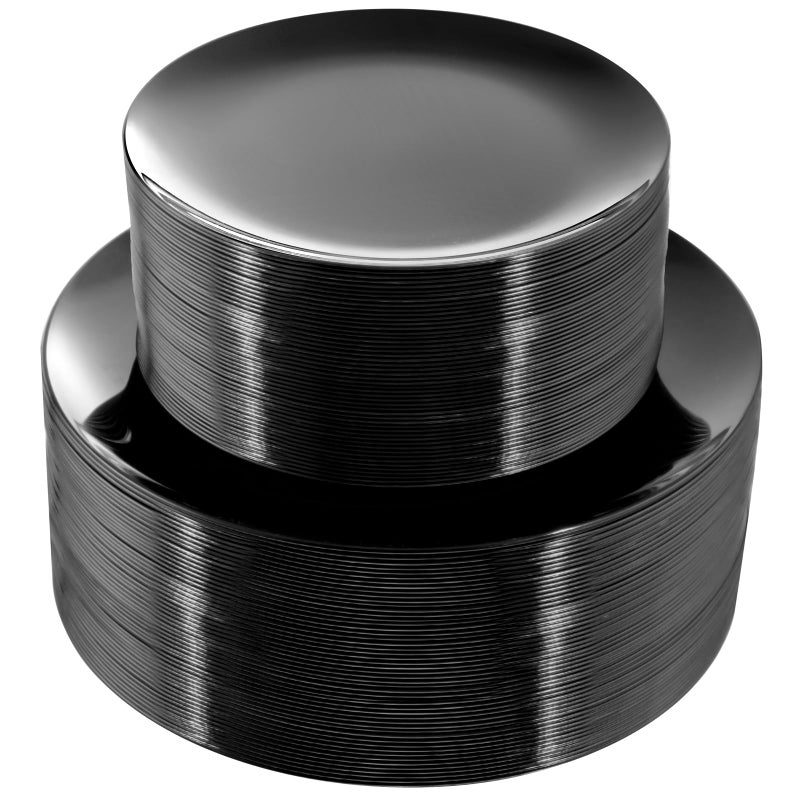 PULOTE 100PCS Black Plastic Plates Disposable - Premium Heavy Duty 50 Black Dinner, 50 Dessert/Salad Plates - Ideal for Party, Halloween - Image 1