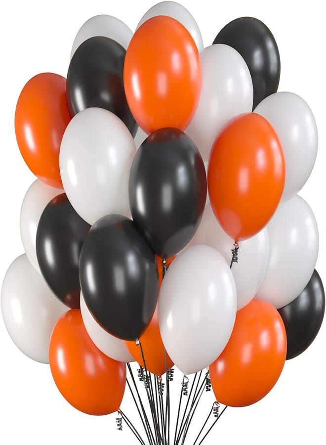 Prextex 75 Halloween Party Balloons 12 Inch Black, Orange and White Balloons with Black Ribbon for Halloween Decorations, Color Themed Party, Weddings, Baby Shower, Birthday Parties, Helium Quality