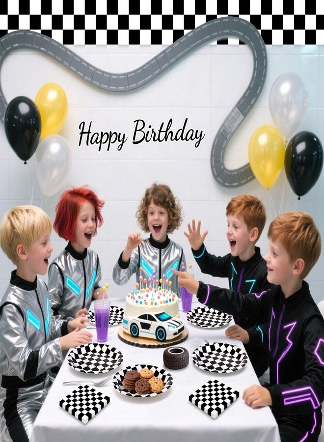 Litmitfu 40 Pcs Race Car Plates and and Napkins - Black and White Checkered Birthday Decorations Tableware, Racing Cars Dinner Dessert Paper Plates Checkered Flag Napkins Set for Race Car Sport Party Supplies - Image 2