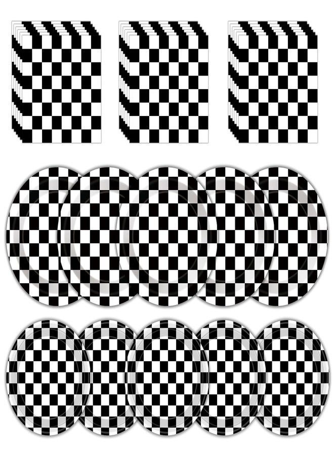 Litmitfu 40 Pcs Race Car Plates and and Napkins - Black and White Checkered Birthday Decorations Tableware, Racing Cars Dinner Dessert Paper Plates Checkered Flag Napkins Set for Race Car Sport Party Supplies - Image 1