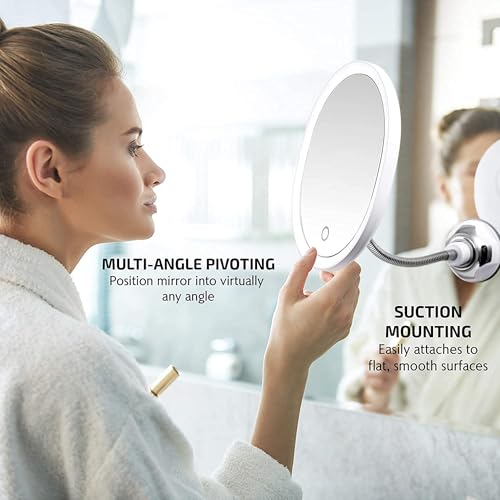 OVENTE 9'' Rechargeable Lighted Wall Mount Makeup Mirror for Bathroom with Mini Magnetic 10X Magnifying Mirror, Touch Screen Dimmable LED Lights, Flexible Gooseneck and Suction Mounting, White MOW22W - Image 5