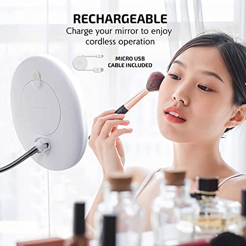 OVENTE 9'' Rechargeable Lighted Wall Mount Makeup Mirror for Bathroom with Mini Magnetic 10X Magnifying Mirror, Touch Screen Dimmable LED Lights, Flexible Gooseneck and Suction Mounting, White MOW22W - Image 3