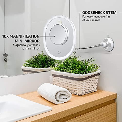 OVENTE 9'' Rechargeable Lighted Wall Mount Makeup Mirror for Bathroom with Mini Magnetic 10X Magnifying Mirror, Touch Screen Dimmable LED Lights, Flexible Gooseneck and Suction Mounting, White MOW22W - Image 2