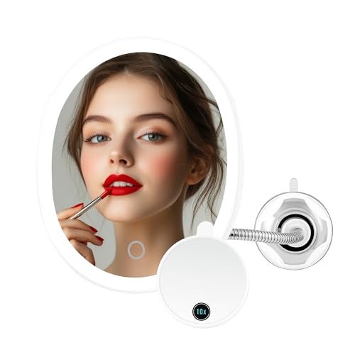 OVENTE 9'' Rechargeable Lighted Wall Mount Makeup Mirror for Bathroom with Mini Magnetic 10X Magnifying Mirror, Touch Screen Dimmable LED Lights, Flexible Gooseneck and Suction Mounting, White MOW22W - Image 1